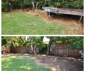 "Before and after backyard cleanup in Melbourne's South-East suburbs: Top shows overgrown yard with disassembled trampoline, scattered metal poles, debris piles, and dense vegetation; bottom shows the transformed clean, cleared space with pruned trees, tidy fence line, maintained lawn, and bare soil ready for new landscaping."