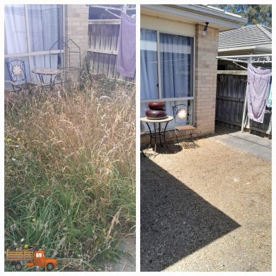 Before and after courtyard clean up showing overgrown grass and weeds cleared from a small outdoor area beside a brick home.