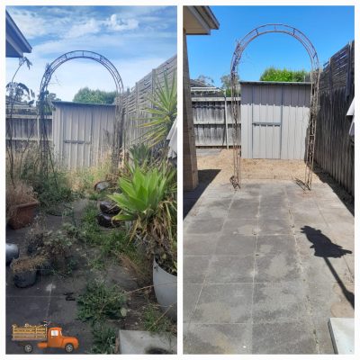 Before of and arch way and a shed with pots and an overgrown courtyard on the left side and on the right side you have no pots with an arch way and shed on a nice clean courtyard