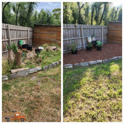 Before and after of a garden clear out of Yakka stumps and weeds in Frankston