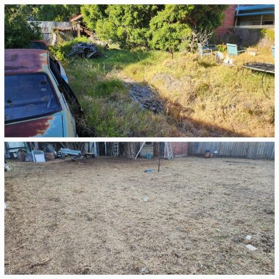 Before and after photo of overgrown thick grass in a back yard in Melbourne