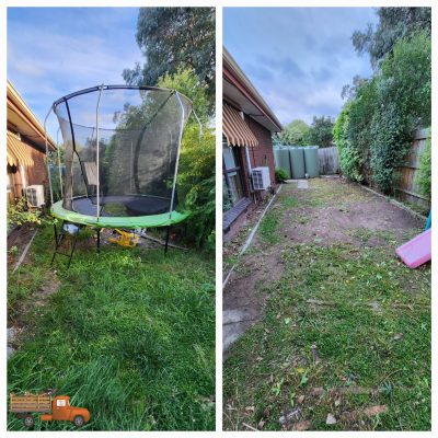 backyard-clean-up-dingley-village-before-after Before and after backyard clean-up in Dingley Village, showing an overgrown yard with a trampoline removed, grass cut back, weeds cleared and outdoor space tidied.