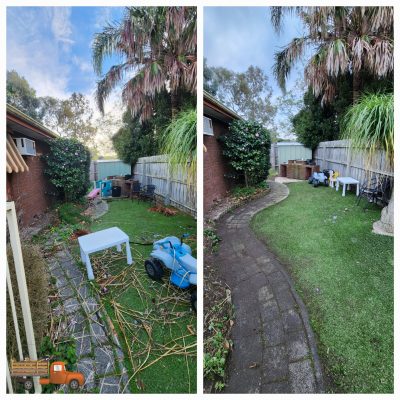 Before and after backyard clean-up in Dingley Village, showing palm fronds, garden debris and weeds cleared from a paved path and artificial lawn area.