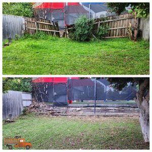 Before and after backyard cleanup in Brighton, showing an overgrown lawn and damaged fence in the top photo, followed by a the fence removed, trimmed lawn, and tidier outdoor area in the bottom photo.