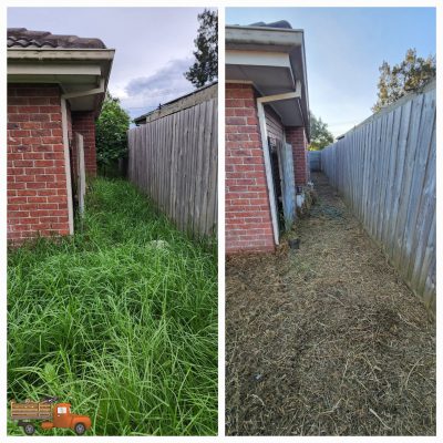 Left panel: narrow passage between a brick house and wooden fence with tall green grass; a cartoon orange truck with a wooden crate sits in the lower corner. Right panel: same passage but the ground is dry brown soil with sparse dead grass along the wooden fence.